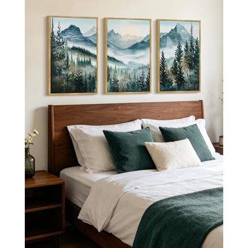 KUVIOKE Mountain Landscape Framed Wall Art 16x24in Natural Framed | Watercolor Nature Misty Forest Painting Vintage Farmhouse Rustic For Bedroom Hallway