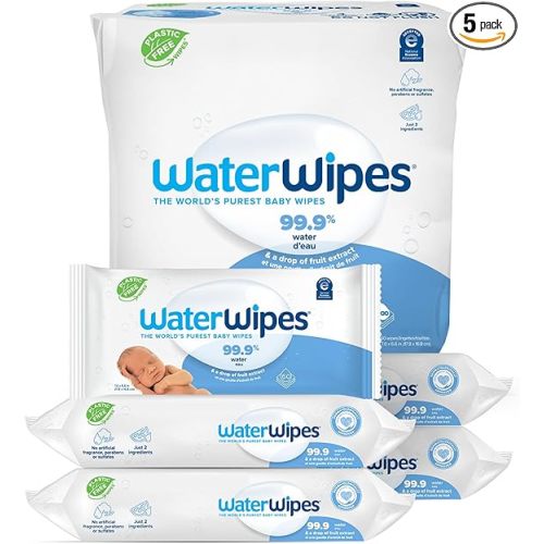 WaterWipes Plastic-Free Original Baby Wipes, 99.9% Water Based Wipes, Unscented & Hypoallergenic for Sensitive Skin, 300 Count (5 packs)