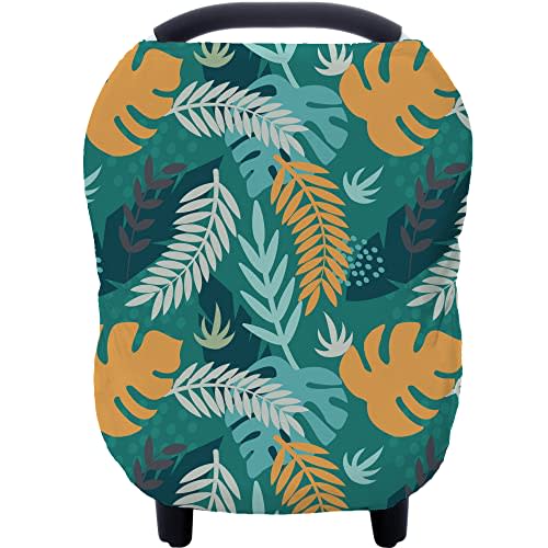 Carseat Cover Boy and Girls - Multi-use Nursing Car Seat Canopy Cover for Breastfeeding, Infant Stroller Cover, High Chair Cover (Green Leaves)