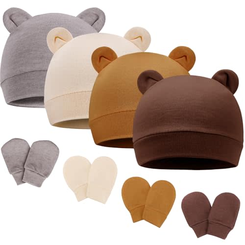 BQUBO Newborn Baby Bear Ears Hats and Mittens Sets Preemie Cotton Caps Baby Boy Girl Infant Hospital Beanie