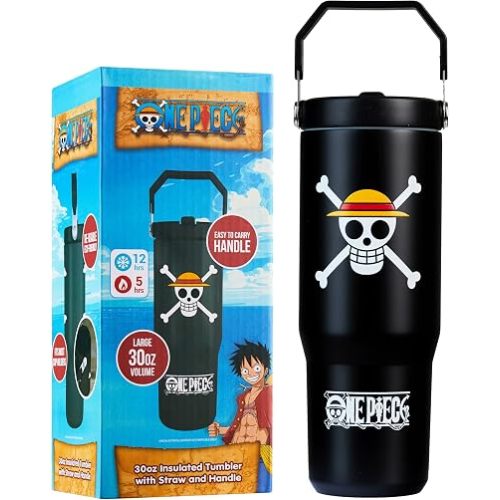 Get Trend One Piece Tumbler with Straw 30oz Kids Teens Insulated Cup with Lid Handle Travel Mug Cups with Lids for School Sports Anime Gifts for Kids (Black One Piece)