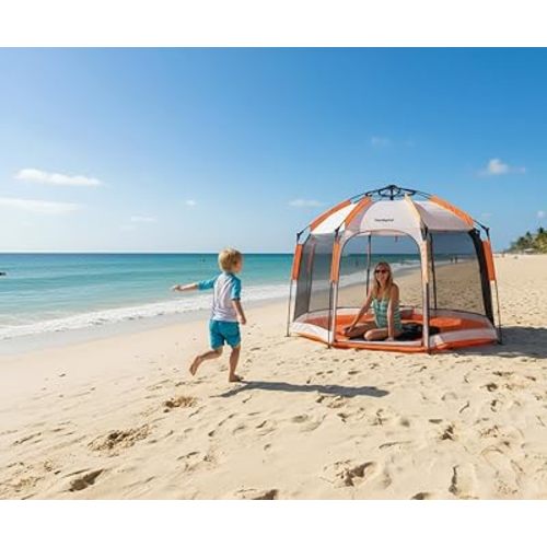 Beach Pop Up Tent & Sun Shelter - 5 Sec Setup | Adjustable Sunshade, Nano Water/Mosquito Proof UPF 50+ | for Camping, Picnic, Sports, Concert Set w/Storage