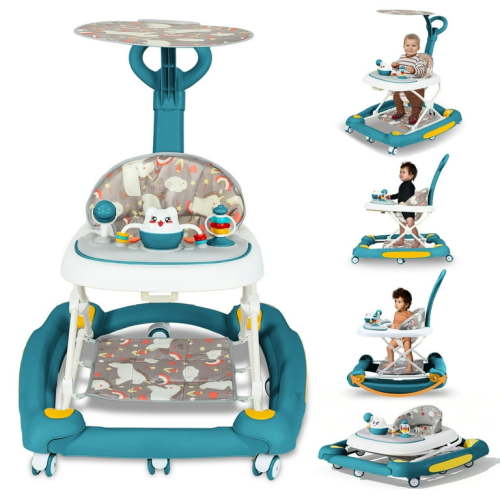 4-in-1 Baby Walker with Music and Toys, Folding Infant Baby Walker with Wheels for Boys and Girls, Green