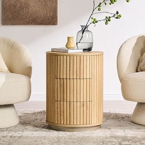 JXQTLINGMU Fluted Nightstand with 3 Push-to-Open Drawers, 24" Tall Round Side Table, Modern Wood End Table for Bedroom, Living Room or Small Spaces, Natural Oak