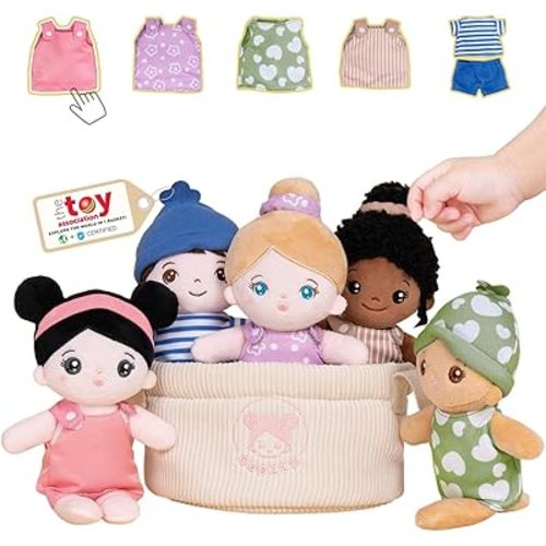 OUOZZZ Soft Baby Dolls – Set of 5 Multicultural 8.8″ Plush Dolls in Basket | Diversity Ethnic Snuggle Toys for Toddlers, Preschool, Daycare & Home
