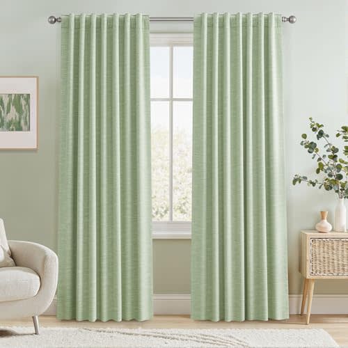 BSfullts Linen Blackout Curtains for Bedroom 90 Inches Long, Sage Green Drape Back Tab Rod Pocket Living Room Drapes, Thermal Insulated Textured Black Out Curtain 2 Panels Set 50" W