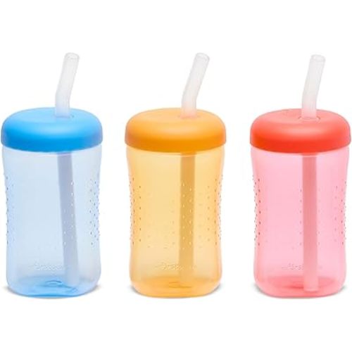 The First Years Squeeze & Sip Toddler Straw Cups - Squeezable Transition Sippy Cup with Silicone Straw - Toddler Feeding Supplies - Blue/Yellow/Red - 7 Oz - 3 Count - Ages 6 Months and Up
