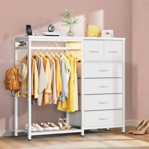 49.2" W Dresser with Hanging Rack & 6 Fabric Drawers for Bedroom, Fabric Dressers & Chest of Drawers with Grid Panel & 4 Hooks, Wooden Top