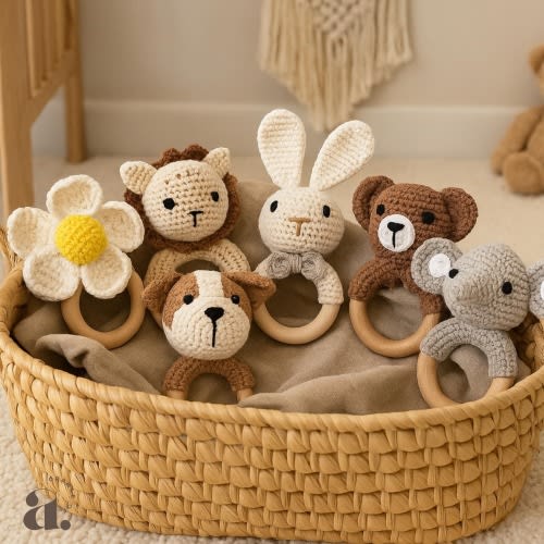 Organic Crochet Baby Rattle: Wooden Teething Ring, Animal Toy - Lulu Bunny Please