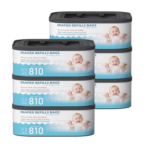 Jumbo Square Refills Disposal Bags Refill (Baby Powder Scent) Compatible with Diaper Genie Classic, Compact and Select Pails, Hold Up to 810 Newborn-Sized Diapers Per Refill, 6 Packs