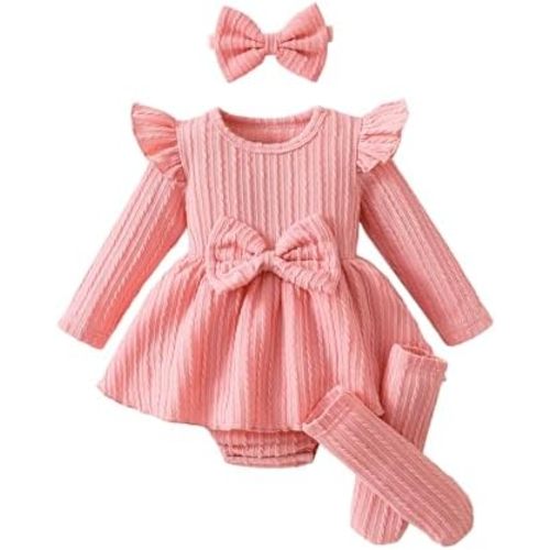 Baby Girl Clothes Long Sleeve Cable Knit Bow Romper Dress + Socks + Headband Cute Ruffle Infant Outfits 3-24 Months