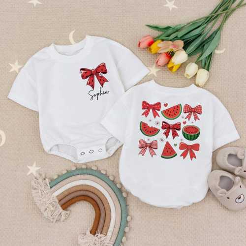 Personalized Watermelon Coquette Romper Sweatshirt, Summer Baby Outfit, Custom Name Baby Bodysuit, Fruit Toddler Romper, Baby Shower Gift