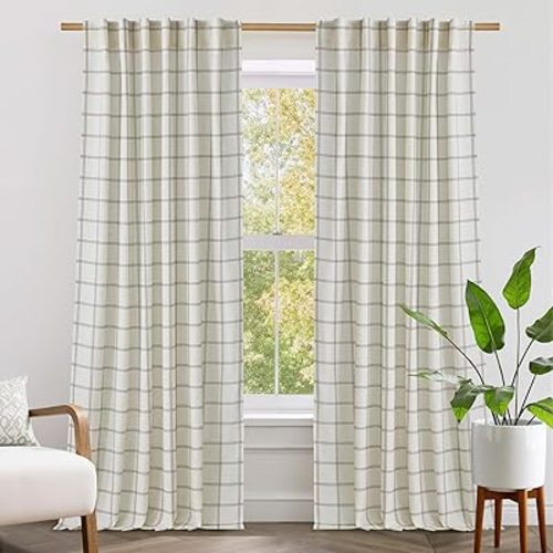NICETOWN Buffalo Plaid Curtains 84 inch Long, Farmhouse Rustic Linen Window Treatment Covering for Laundry Bedroom Living Room Window Cafe Curtains, 1 Pair, 52" W x 84" L, White