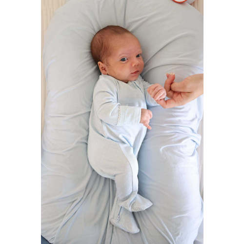 Picot Trim Bamboo Zipper Footie | Baby Blue