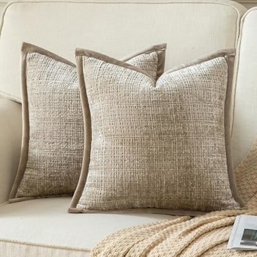 Yaertun Pack of 2 Chenille Textured Decorative Throw Pillow Covers Accent Solid Cushion Cover Soft Cozy Pillow Case with Velvet Back for Couch Sofa Bed Living Room 24x24 Inch Khaki