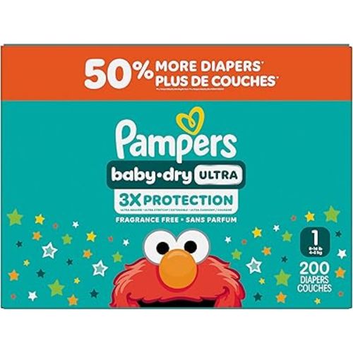 Pampers Baby Dry Ultra Diapers, Size 1, Absorbent Disposable Diapers, 1 Pack (Count of 200)