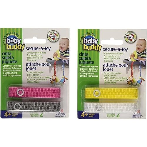 Baby Buddy Secure-a-Toy, Adjustable Pacifier and Teether Strap for Stroller, Highchair, and Car Seat, Assorted Girl Colors, 4 pack