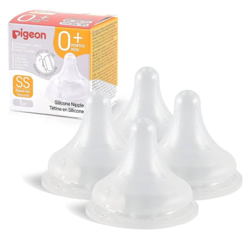Pigeon Silicone Nipple (SS) with Latch-On Line, Natural Feel, 0+ Months, 4 Counts