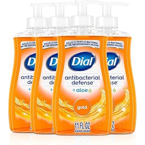 Dial Antibacterial Defense Liquid Hand Soap + Aloe, Gold Scent, 11 Fl Oz (Pack of 4), Dermatologist-Tested Hand Wash, Gentle Formula