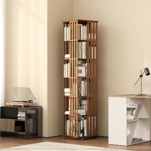 YOWOS Rotating Bookshelf Tower, 360° Display Spinning Bookcase, Bamboo Bookshelf Floor Standing Storage Rack, Wood Narrow Book Shelf Organizer for Kids Adults (Walnut, 6 Tier)