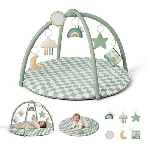 Blissful Diary Baby Play Gym Mat, Tummy Time Activity Mat with 6 Detachable Toys for Stage-Based Sensory & Motor Skill Development, Easy to Install & Clean, Baby Essentials Gift, Sandy Beige