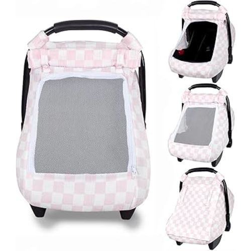 Summer Baby Car Seat Cover, Muslin Carseat Cover for Infant Boys Girls with Large Mesh Window, Breathable Newborn Car Seat Canopy, Pink Checkerboard