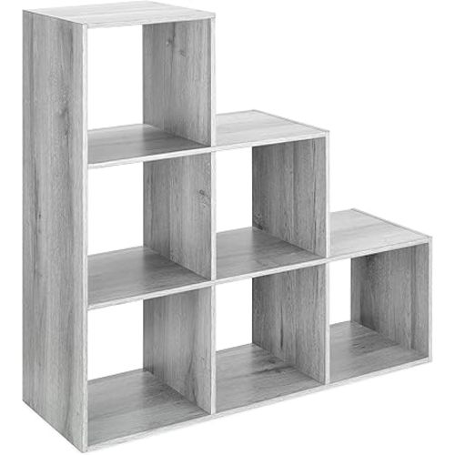 Whitmor 6 Cubes Bookshelf, Freestanding 6 Cube Stepped Etagere Bookcase, L Shaped Ladder Corner Open Bookshelf, Wood Storage Display Shelf for Living Room Home Office, 11.7"L x 35.6"W x 35.6"H, Gray