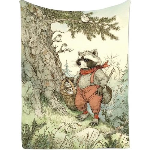 Vintage Woodland Raccoon Tapestry Wall Hanging, Forest Animal Art Print with Basket and Birds for Nursery or Cabin Decor 30x40inch