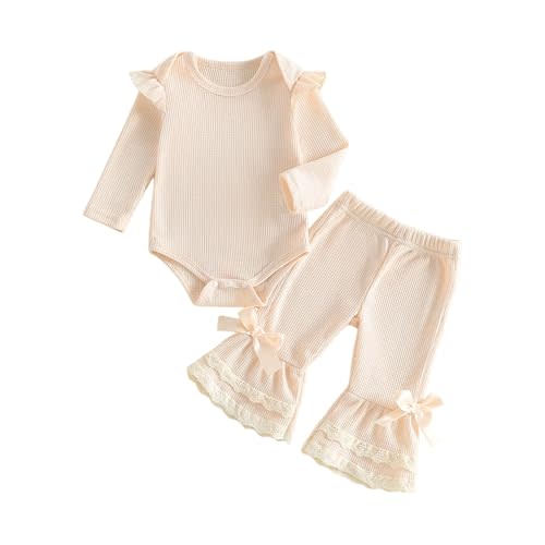 Newborn Baby Girl Outfits Waffle Knit Long Sleeve Romper Top Lace Flare Pants Bell Bottom Set Fall Winter Clothes