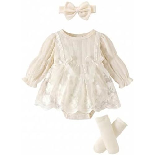 JiAmy Baby Girls Princess Romper Dress Floral Lace Tutu 3-Piece Set 0-18M