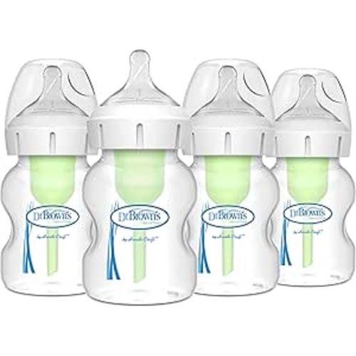 Dr. Brown’s Natural Flow Anti-Colic Options+ Wide-Neck Baby Bottles 5 oz/150 mL, with Level 1 Slow Flow Nipple, 4 Pack, 0m+