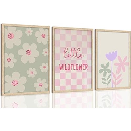 SongZest 3 Piece Framed Wall Art Wildflower Wall Decor Cute Canvas Art Floral Pictures Daisy Paintings Checkered Prints Retro Artwork for Nursery Playroom Children Kids Baby