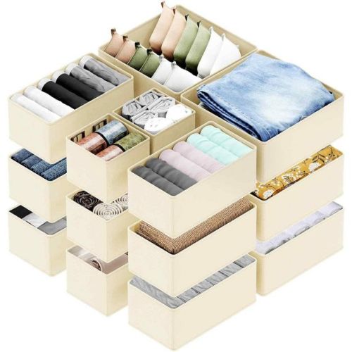 Set of 18 Collapsible Drawer Organizer Bins for Clothes, Closet Organizers and Storage Dividers for Clothing Beige