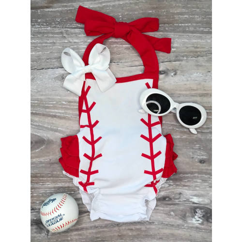 Baseball Stitch Red Halter Bubble Baby Romper