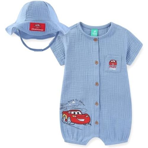 Disney Cars Lightning McQueen Baby Boys Gauze Romper with Bucket Hat 2 Piece Set for Infant