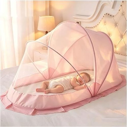 Easy Foldable Baby Mosquito Net Sheer Mesh Ruffled Edge Canopy for Home Travel Camping (Pink)