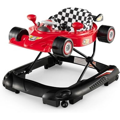 INFANS Foldable Baby Walker, 3 in 1 Toddler Activity Center Leaning-Seated Walk-Behind with Steering Wheel, Adjustable Height, Lights, Music, Washable Seat Cushion (Red)