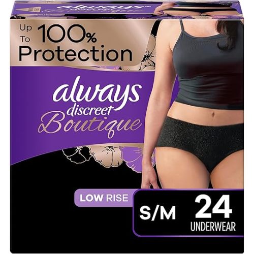 Always Discreet Boutique Adult Incontinence & Postpartum Underwear for Women, Low-Rise, Size Small/Medium, Black, Maximum Absorbency, Disposable, 24 Count (Packaging May Vary)