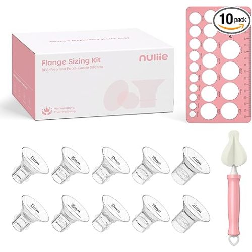 Nuliie 3-in-1 Flange Sizing Kit 13/15/17/19/21mm for 24mm Electric Double Breast Pump Flange/Shield, 10PCS Silicone Flange Inserts to Boost Pumping Efficiency & Comfort, BPA-Free Essential for Moms