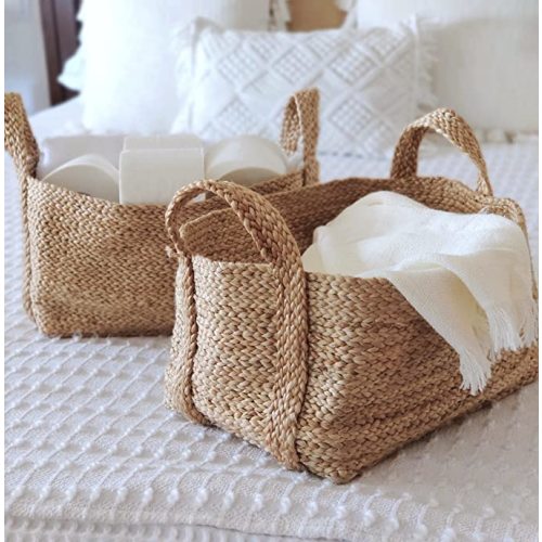 GooBloo Handmade Woven Basket 100% Jute - 10” x 7” - Set of 2- Storage Basket for Living Room, Toys, Storage, Towels or Nursery - Wicker Baskets with Handles - Handmade Natural Bathroom Hampers