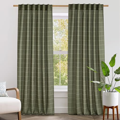 NICETOWN Linen Plaid Curtains Modern Window Panels Moss Green Check Tartan Light Filtering Curtains for Living Room Bedroom, Rod Pocket Back Tab, 2 Panels, 52 inch Wide x 96 inch Long