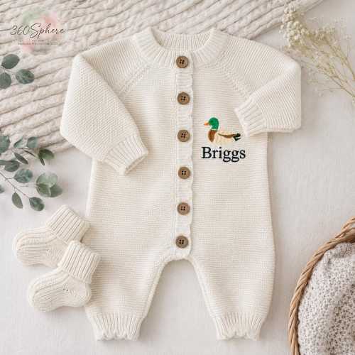 Embroidered Mallard Duck Knit Romper, Custom Baby Name Duck Jumpsuit, Baby Shower Gift, Newborn Apparel, Coming Home Outfit