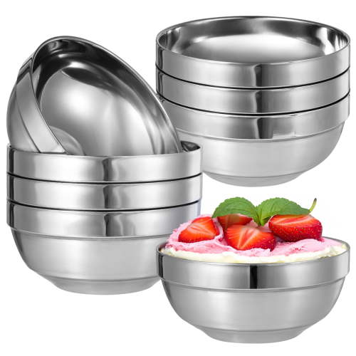 8 PCS Insulated Stainless Steel Bowls, 28 oz Double Wall Metal Soup Bowl, Ice Cream Bowl, Cold & Heat Resistant Metal Mixing Bowl, Non-Slip Serving Bowl for Salad Cereal Desserts Fruits