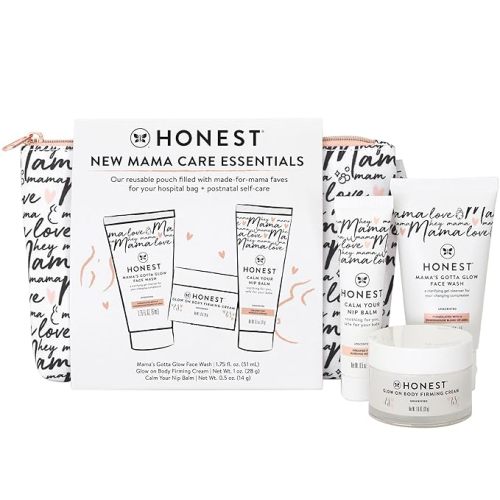 The Honest Company New Mama Care Essentials Gift Set, Hospital Bag Must Haves, Travel Size Nip Balm (0.5 oz) Glow On Body Cream (1 Gotta Face Wash (1.75 fl) with Reusable Pouch | Travel Size, Reusable Pouch