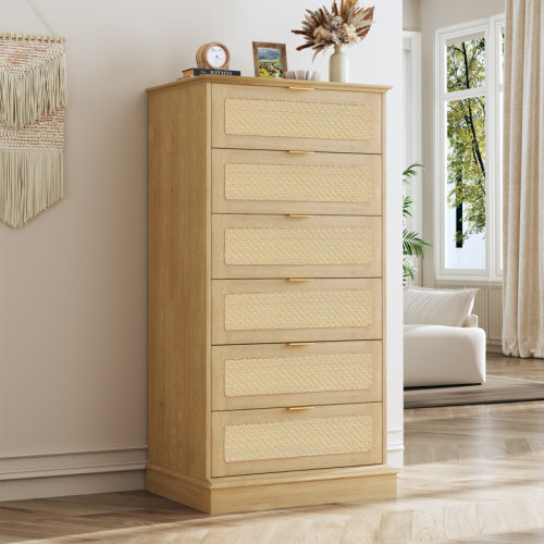 Bay Isle Home™ 6-drawer Wood Chest 51" Vertical Tall Dresser Rattan Drawer Face & Reviews | Wayfair
