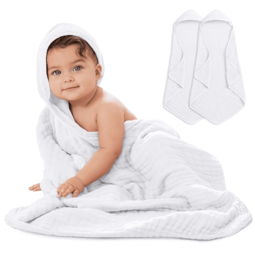 Comfy Cubs 2 Pack Baby Hooded Muslin Towel, Ultra Soft, Warm, Absorbent, 32”x32”, Unisex (White)