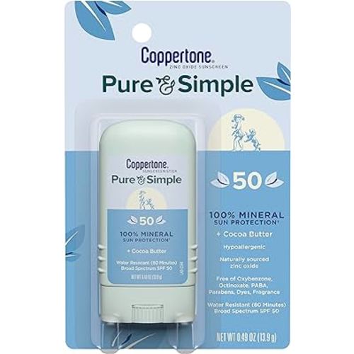 Coppertone Pure and Simple Mineral Sunscreen Stick SPF 50, Water Resistant, Hypoallergenic, Face Sunscreen with Broad Spectrum UVA/UVB Protection, 0.49 oz Stick