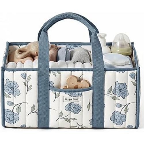 Blissful Diary Floral Diaper Caddy Organizer, Stylish Nursery Storage Basket, Gift for Baby Shower, Newborn Essentials, Peony Blue