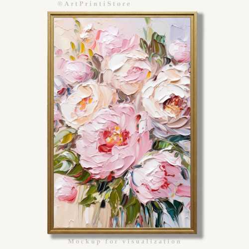 Pink Peony Oil Painting Floral Wall Art Print Pastel Flower Bouquet Artwork Fine Art Living Room Wall Decor