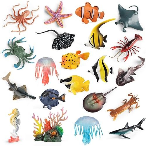 Sea Animals Toys Figures 21Pcs, Plastic Marine Creature Shark Fish Starfish Crab Lobster Octopus Seahorse Coral Jellyfish Ocean Life for Kids Birthday Party Favor Cake Decoration